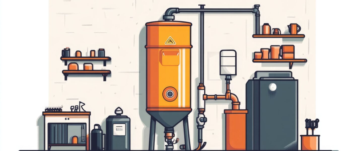 Illustration eines Technikraums mit Enthärtungsanlage und Filteranlage